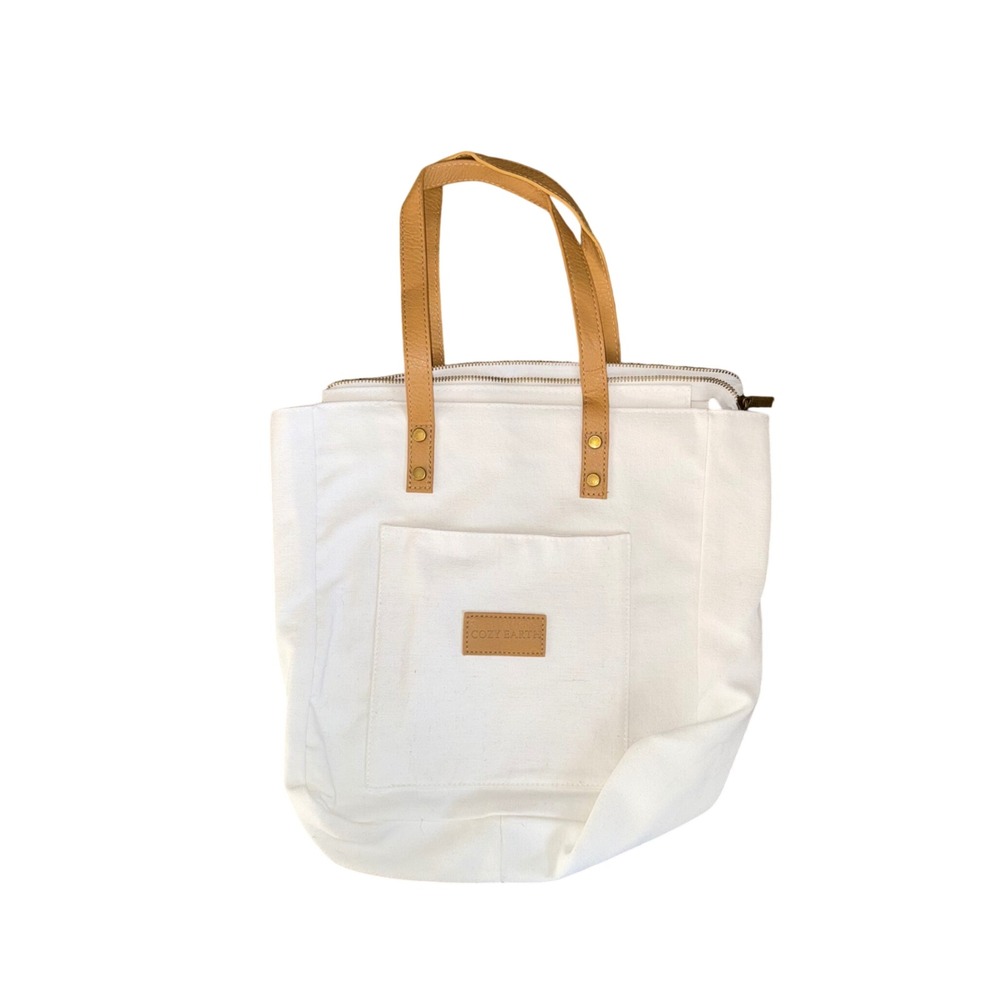 Cozy Earth Canvas Tote Bag Women Large Cream Tan Excellent Zippered Travel Carry